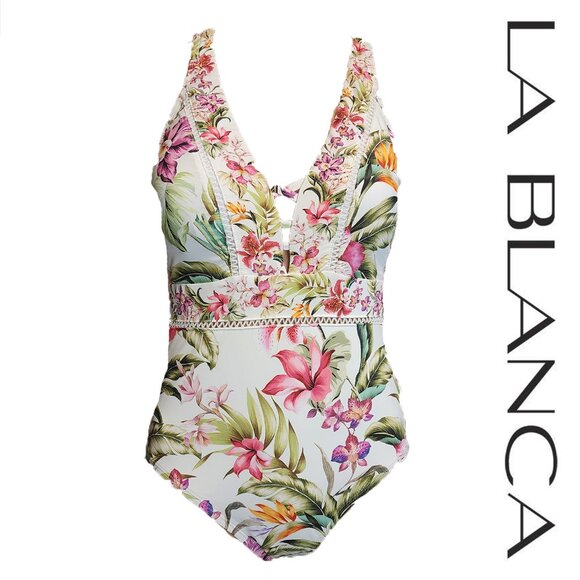 La Blanca Polynesian Plunge One Piece Swimsuit NWOT Size 8 - Picture 1 of 8